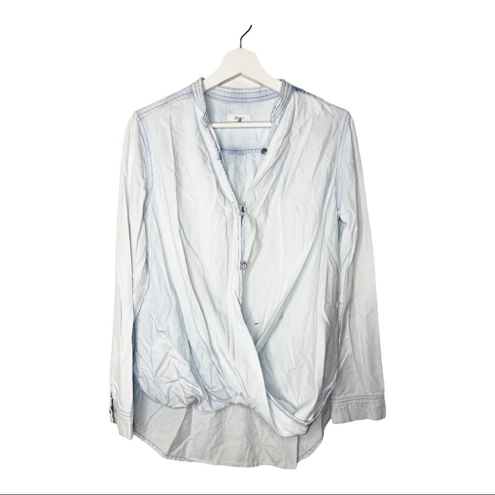 Steezyer Blue Chambray Button Down Twist Front Hi Low Blouse S